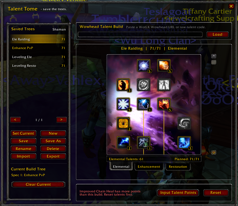 Talent Tome with several saved Shaman talent builds
